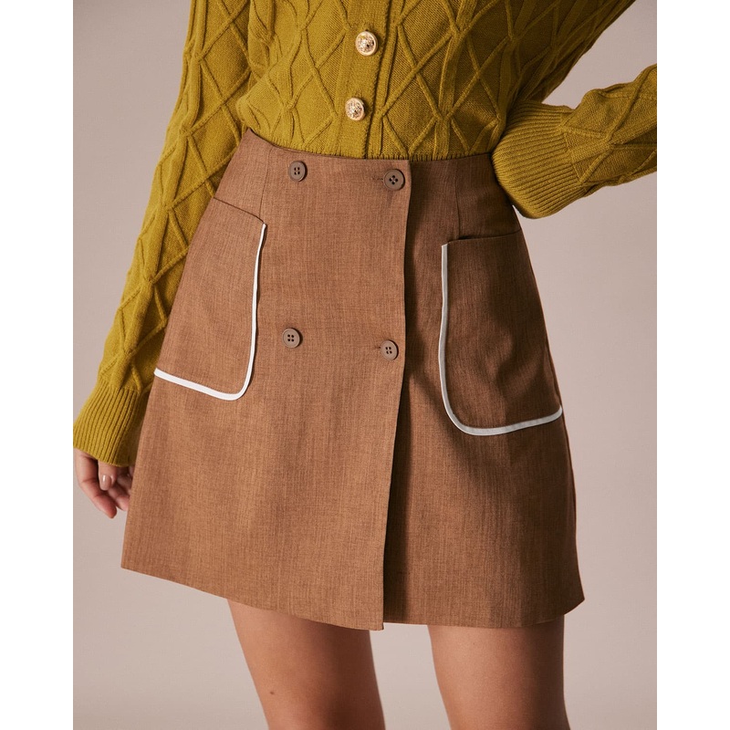 The Khaki Contrast Trim Button Mini Skirt