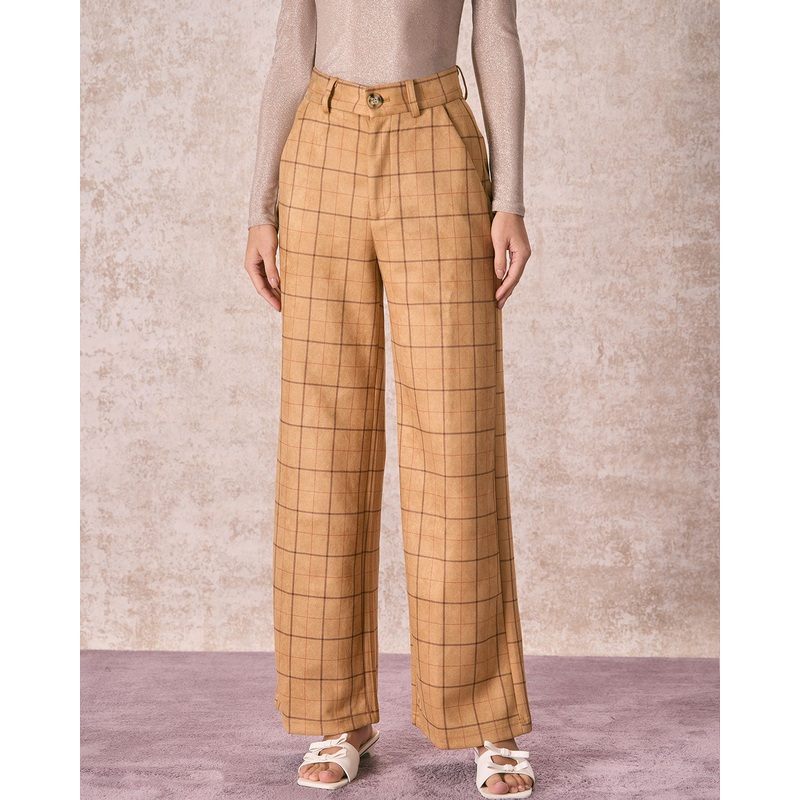 The Khaki High Waisted Plaid Wide Leg Pants