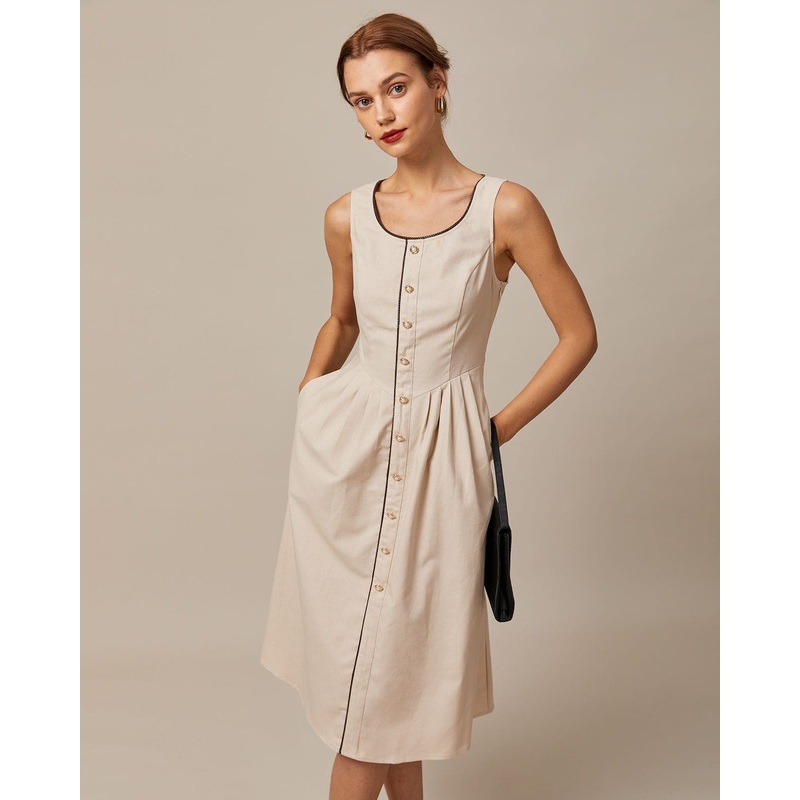 The Khaki Round Neck A-Line Midi Dress