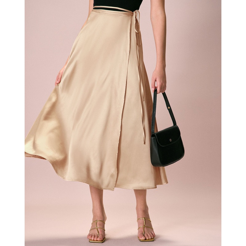 The Khaki Satin Lace-Up Wrap Midi Skirt