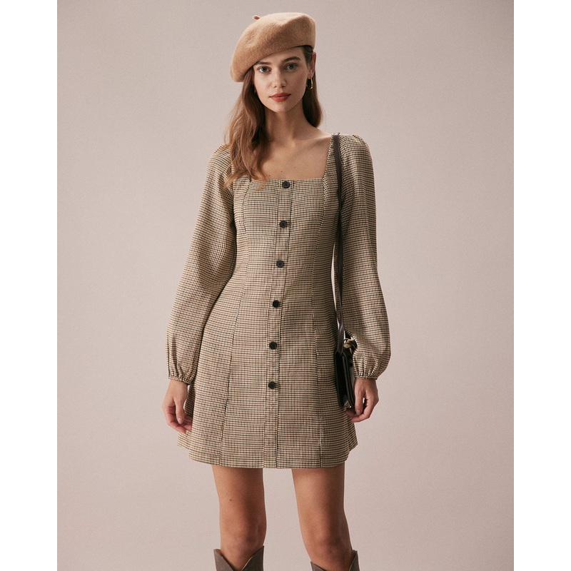 The Khaki Square Neck Plaid Button Mini Dress