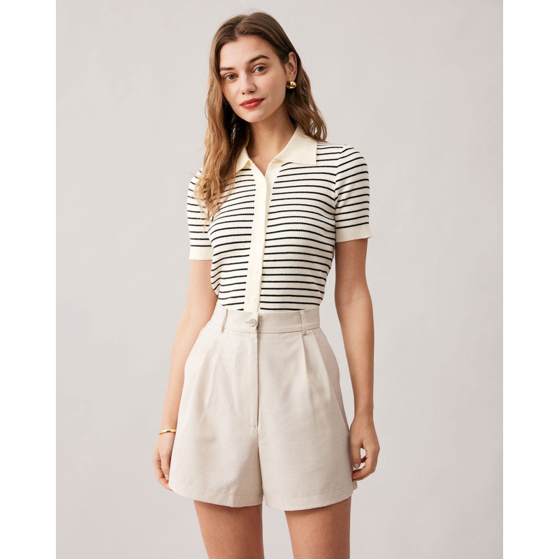 The Lapel Button Up Striped Knit Top