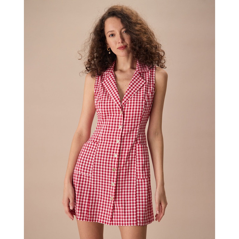 The Lapel Plaid Sleeveless Cotton Pocket Mini Dress