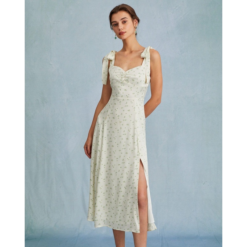 The Light Green Satin Floral Tie Strap Slit Midi Dress