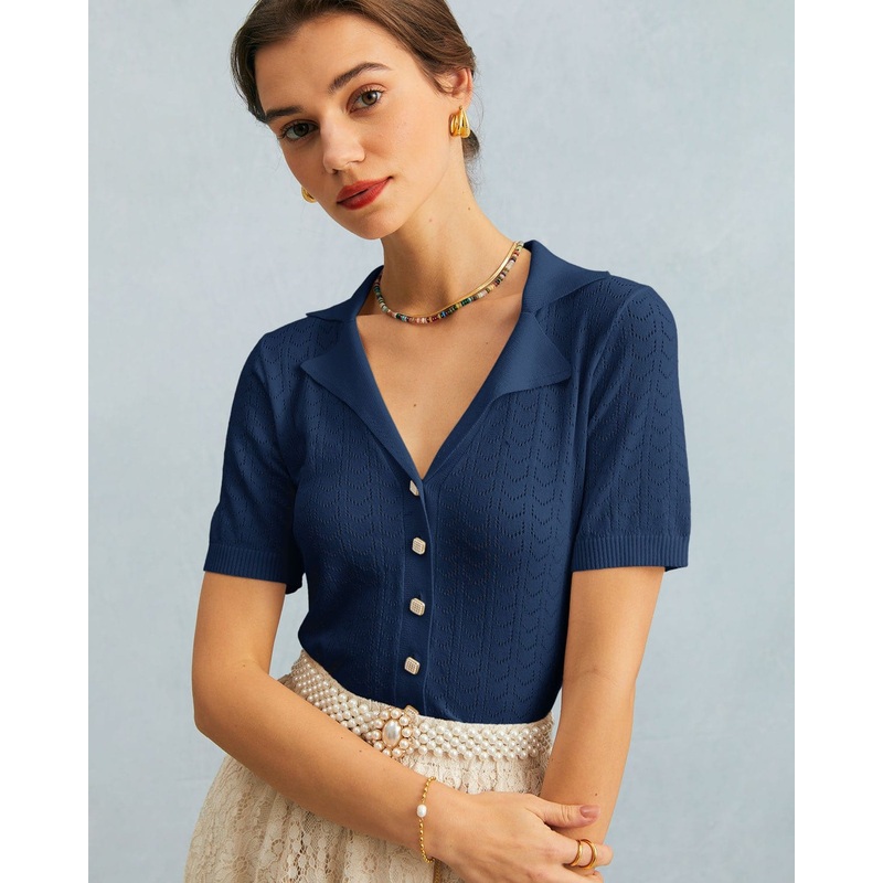 The Navy Collared Pointelle Knit Top