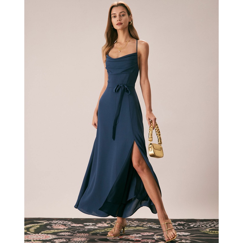The Navy Cowl Neck Cutout Back Maxi Dress
