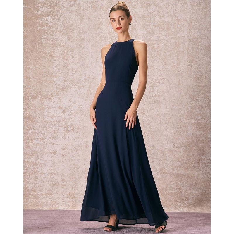 The Navy Halter Bowknot Back Maxi Dress