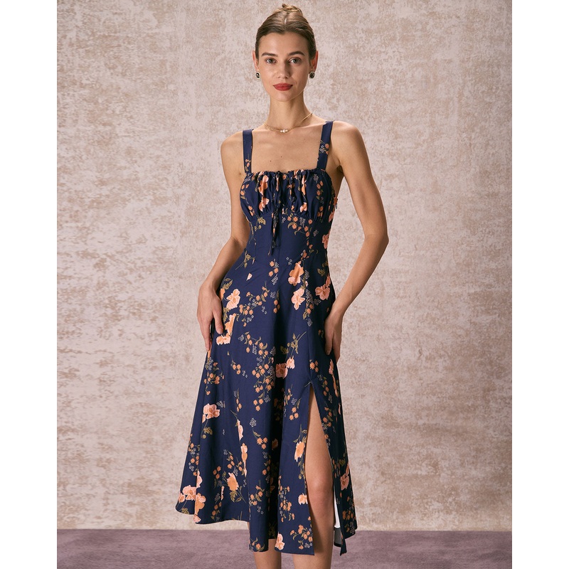 The Navy Lace Up Floral Ruched Midi Dress
