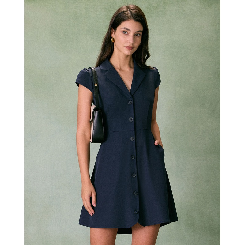 The Navy Lapel Cap Sleeve Button-up Mini Dress
