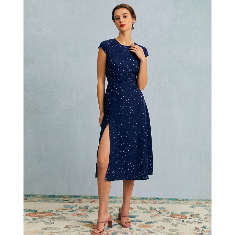 The Navy Round Neck Polka Dot Cutout Midi Dress