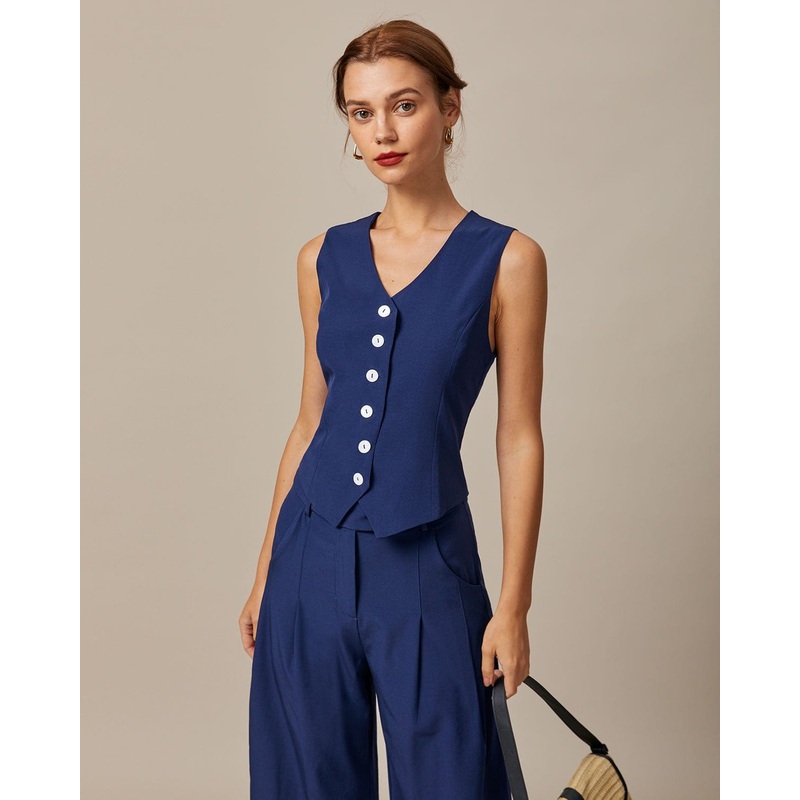 The Navy V Neck Button Up Sleeveless Vest