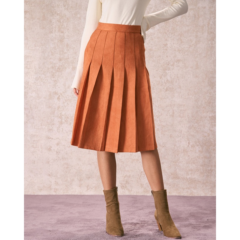 The Orange High Waisted Suede Midi Skirt