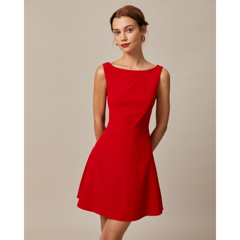 The Red Boat Neck High Waisted Mini Dress