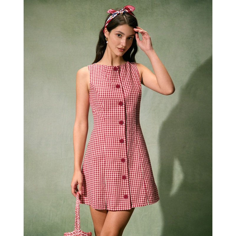 The Red Boat Neck Plaid Mini Dress