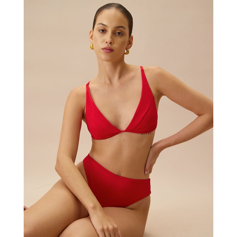 The Red Ribbed Cross Back Bikini Top