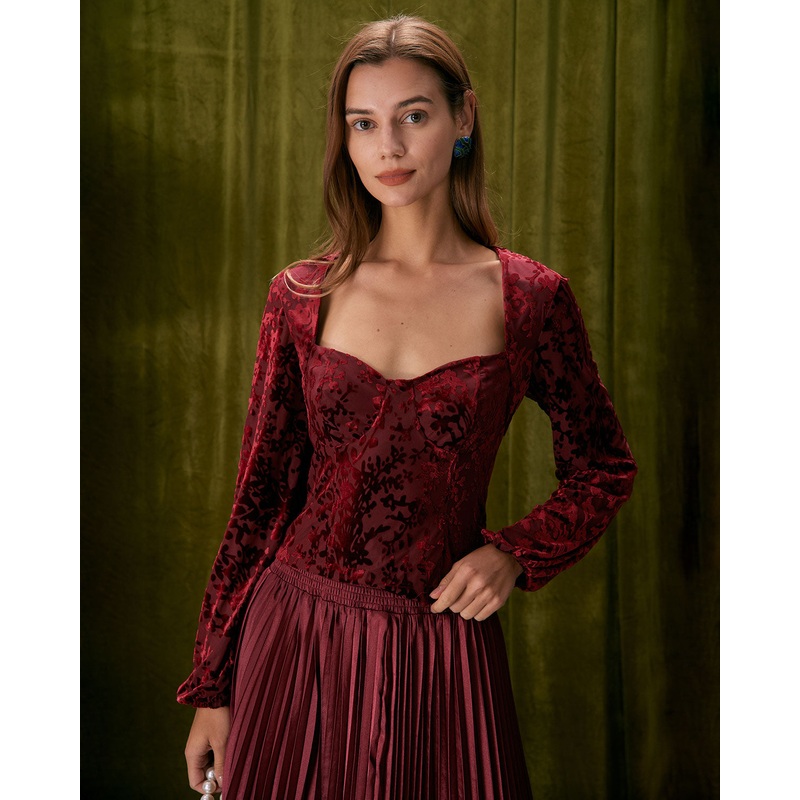 The Red Sweetheart Neck Burnout Blouse