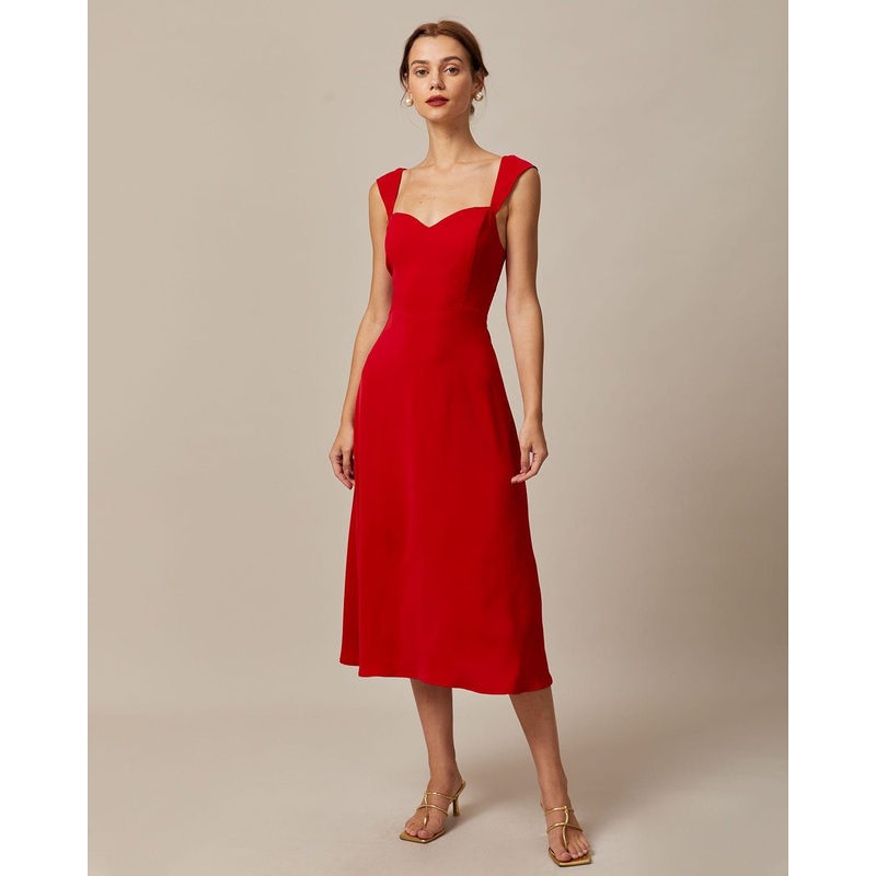 The Red Sweetheart Neck Cap Sleeve Midi Dress