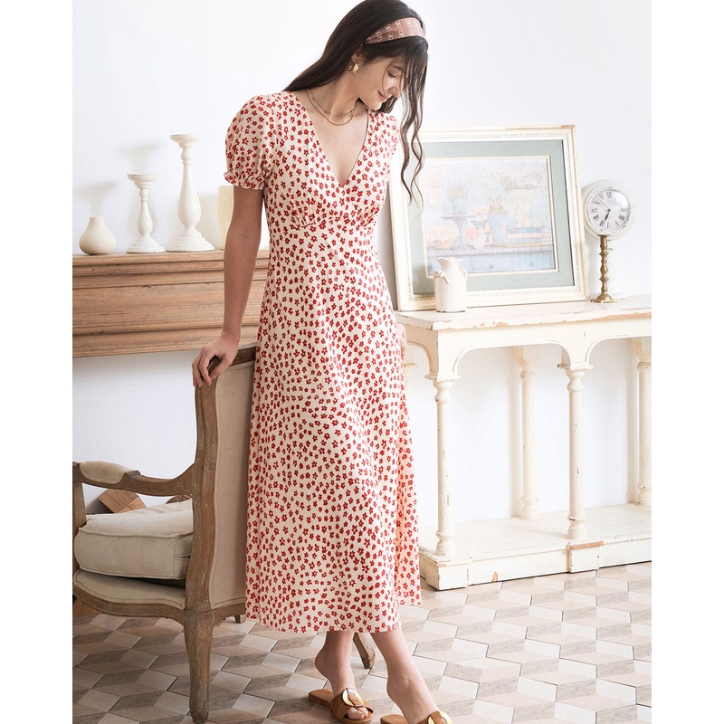 The Red V-Neck Floral Puff Sleeve Maxi Dress