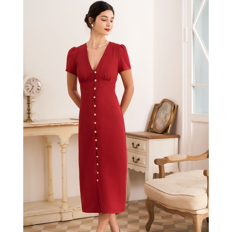 The Red V Neck Shirred Puff Sleeve Midi Dress