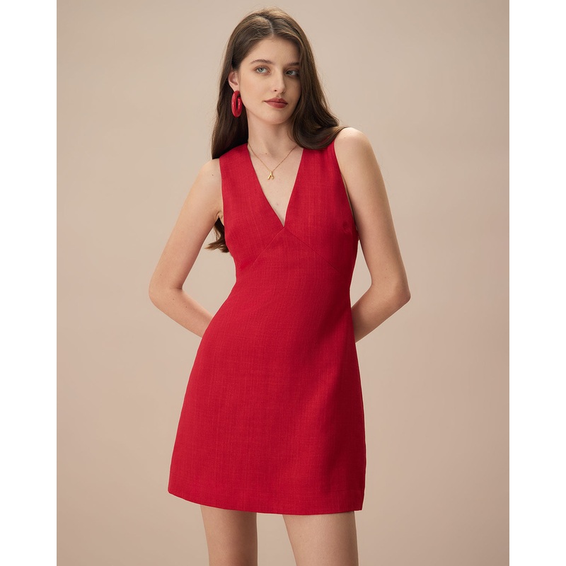 The Red V Neck Sleeveless Linen Mini Dress