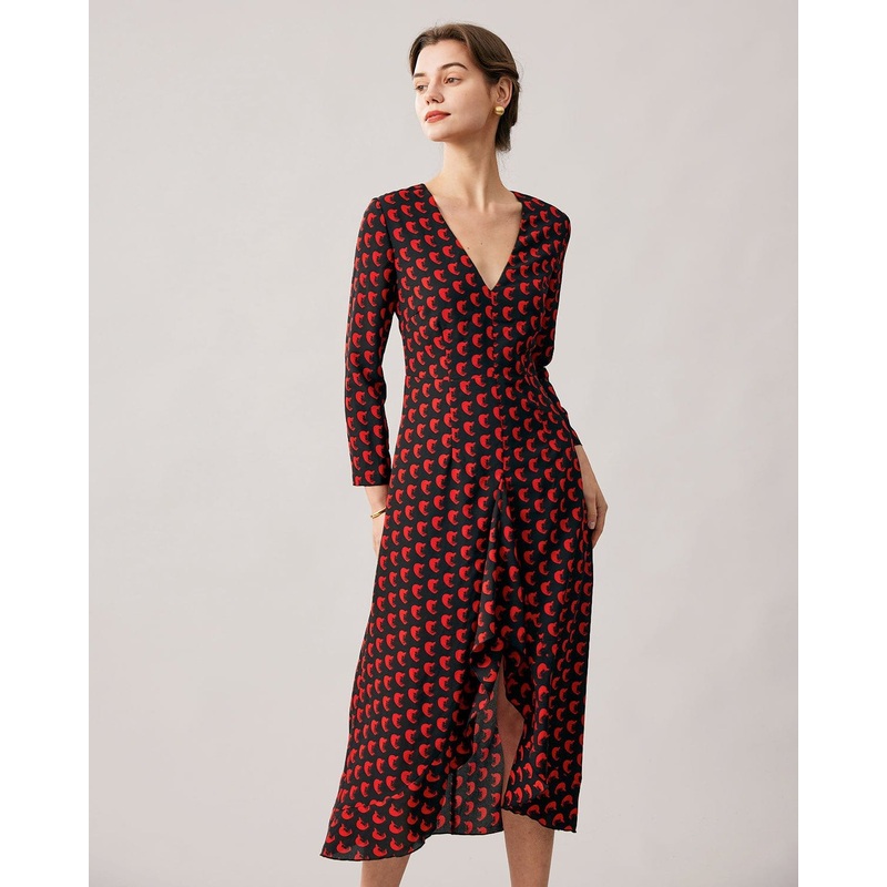 The Red V Neck Slit Long Sleeve Midi Dress