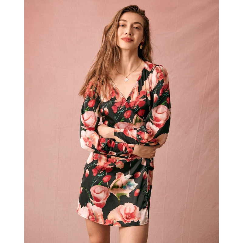 The V Neck Long Sleeve Floral Wrap Mini Dress