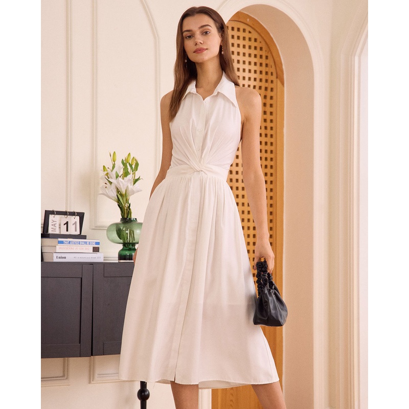 The White Collared Twist Backless Midi Dress