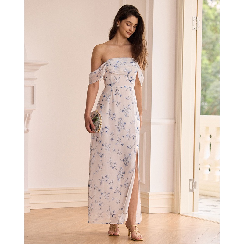 The White Floral Slit Strapless Maxi Dress