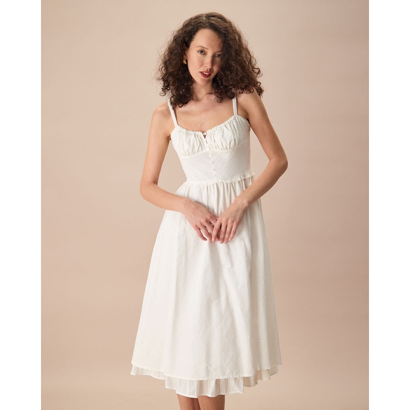 The White Ruched Slip Cotton Midi Dress