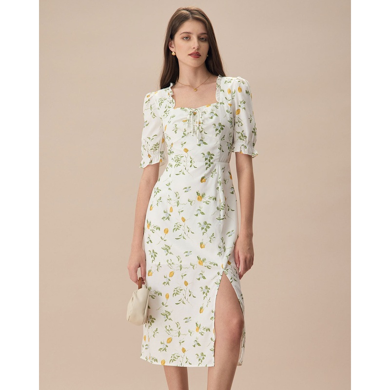 The White Square Neck Frill Trim Floral Midi Dress
