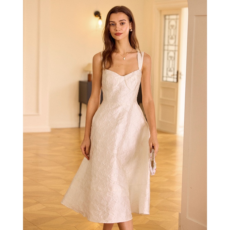 The White Sweetheart Neck Jacquard Midi Dress
