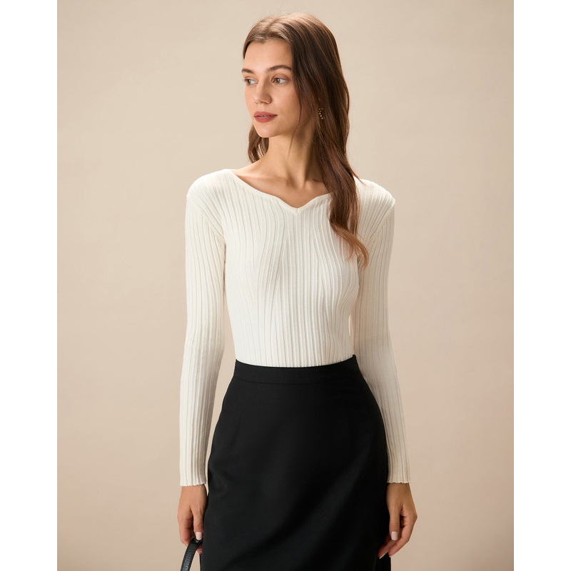 The White V Neck Teardrop Ribbed Knit Top