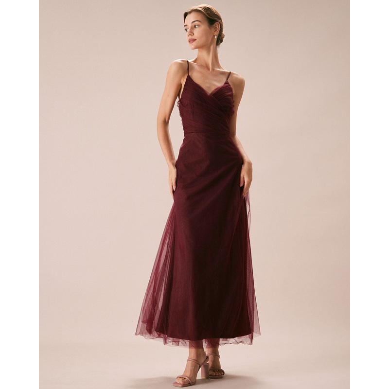 The Wine Red V Neck Mesh Wrap Maxi Dress