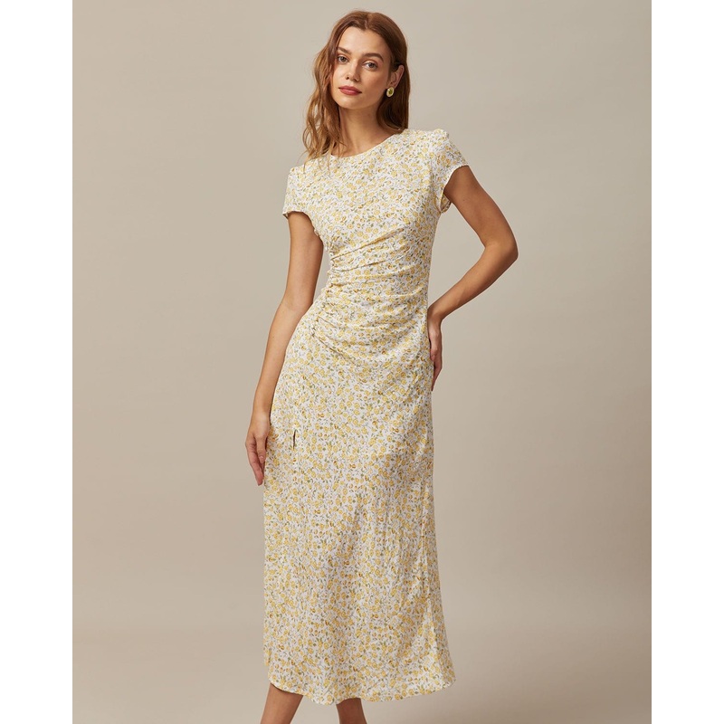 The Yellow Round Neck Floral Midi Dress