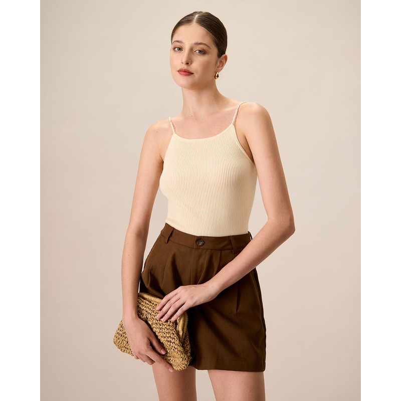 Women’s Beige Beaded Strap Ribbed Cami Top