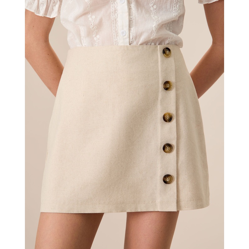 Women’s Beige High-Waisted Cotton Button Mini Skirt