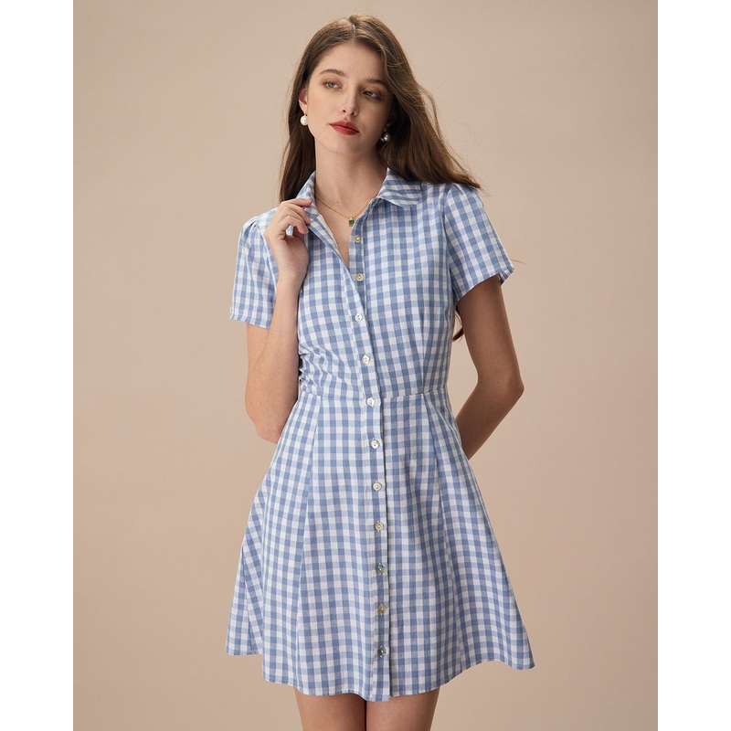 Women’s Blue Plaid Lapel Cotton Mini Dress