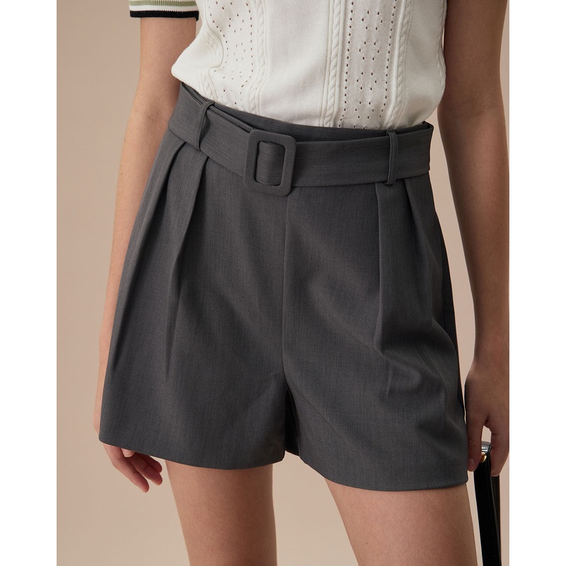 Women’s Grey High-Waisted Belted Pleated Shorts