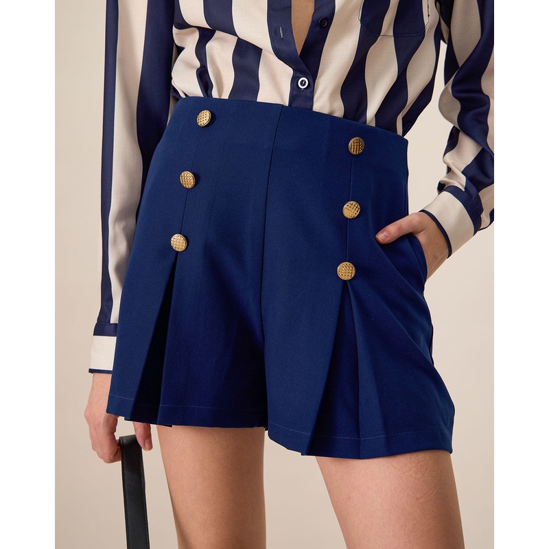 Women’s Navy High-Waisted Pleated Shorts