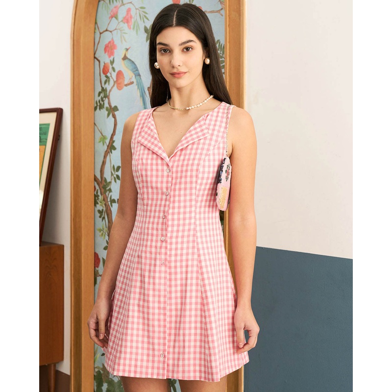 Women’s Pink V-Neck Plaid Cotton Mini Dress
