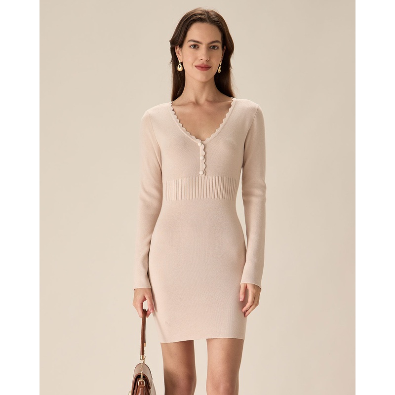 Apricot V-Neck Bodycon Sweater Dress