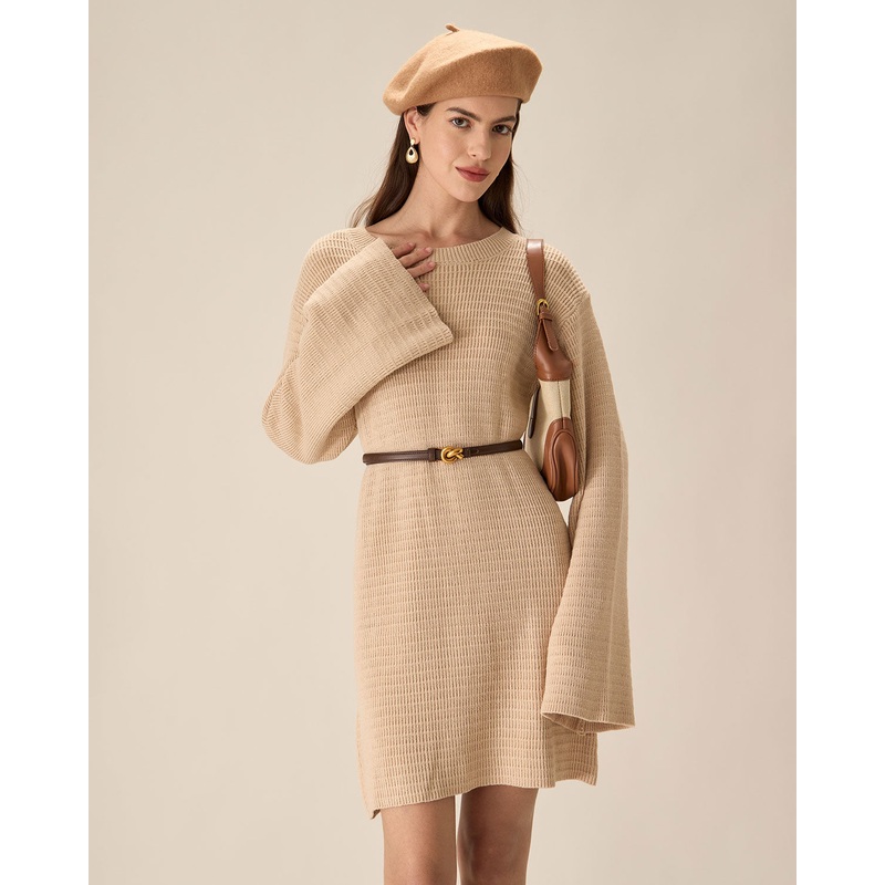 Beige Drop Shoulder Sweater Mini Dress