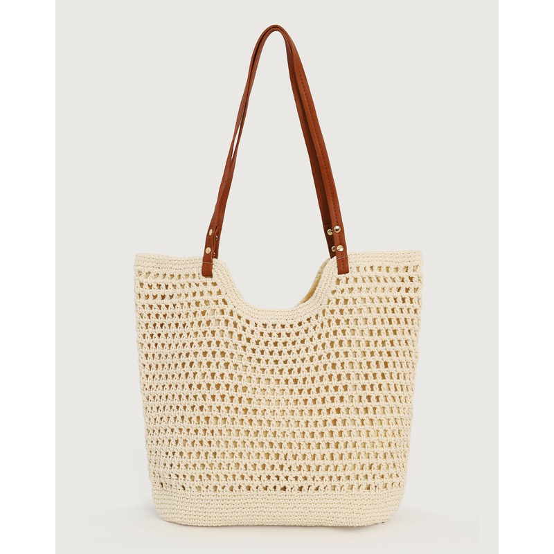 Beige Hollow Woven Straw Bag