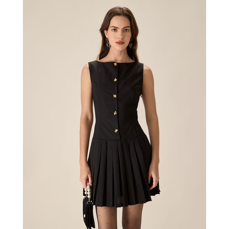 Black Boat Neck Pleated Mini Dress