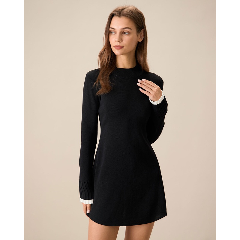 Black Contrasting Long Sleeve Sweater Mini Dress