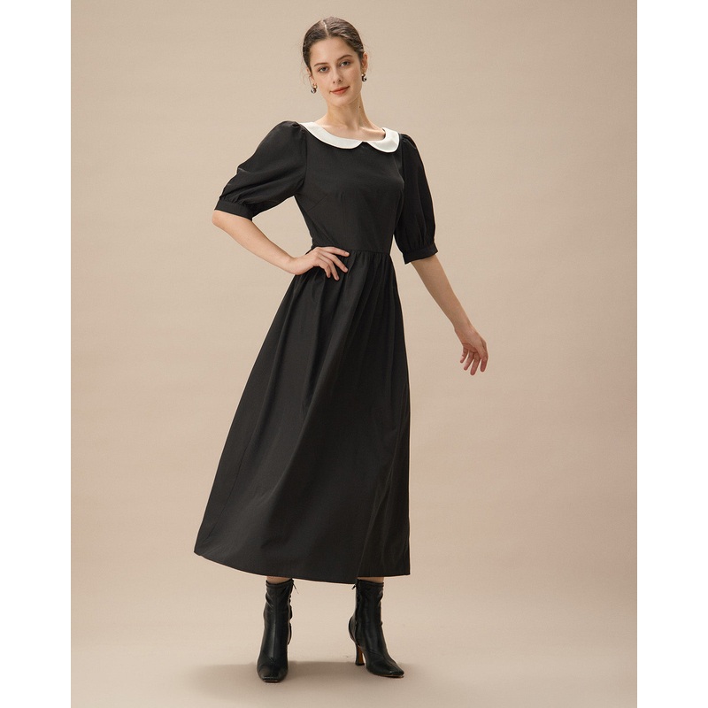Black Contrasting Puffed Sleeve Maxi Dress