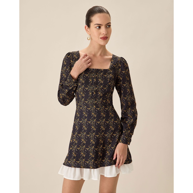 Black Contrasting Puffed Sleeve Mini Dress