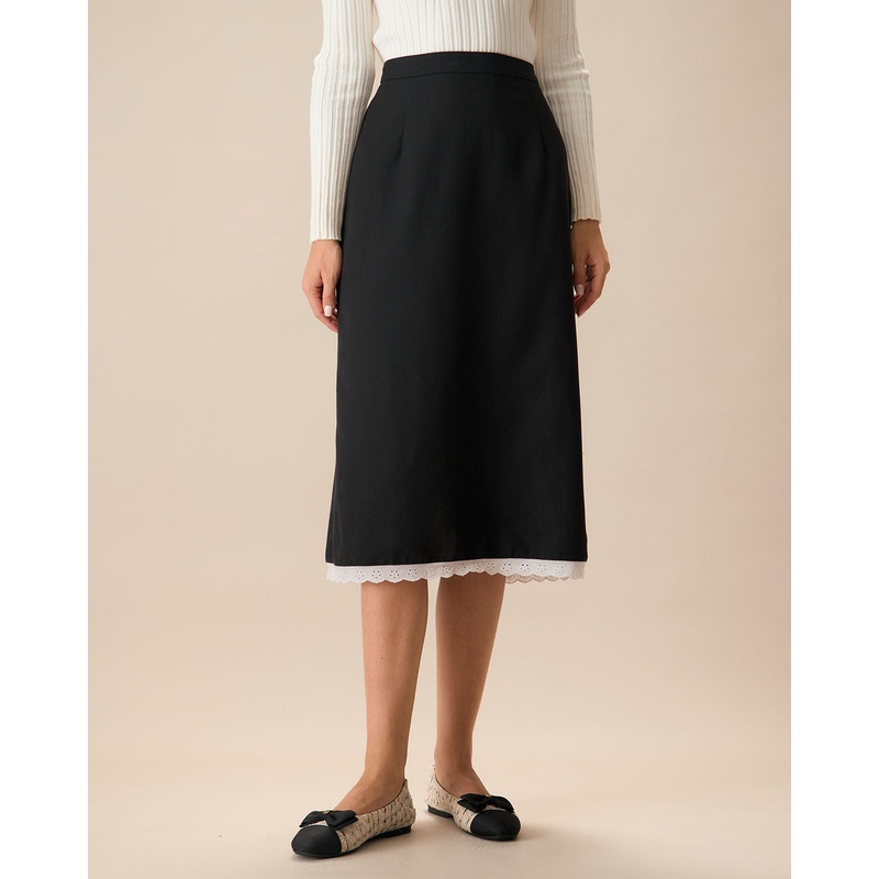 Black Contrasting Slit Midi Skirt