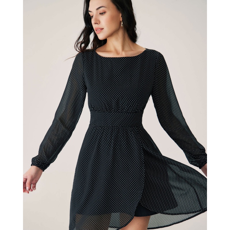 Black Polka Dot Boat Neck Mini Dress