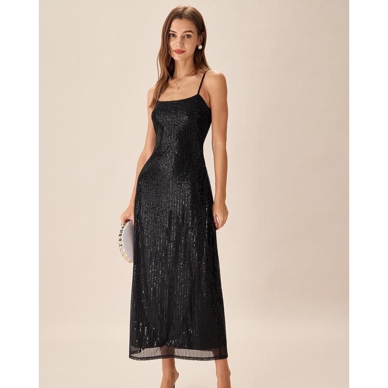 Black Sequin Bodycon Slit Maxi Dress